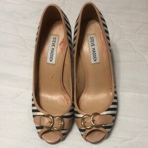 Steve Madden Black & White Striped Peep-Toe Flats with Nude Trim